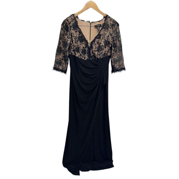 R&M Richards Gown Size 10 Black Beige Lace 3/4 Sleeve Maxi Front Slit Sequined - Picture 2 of 8
